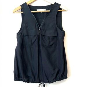 Trina Turk Silk V-Neck Zip Blouse Blouson Whimsigoth Office Glam Black Medium